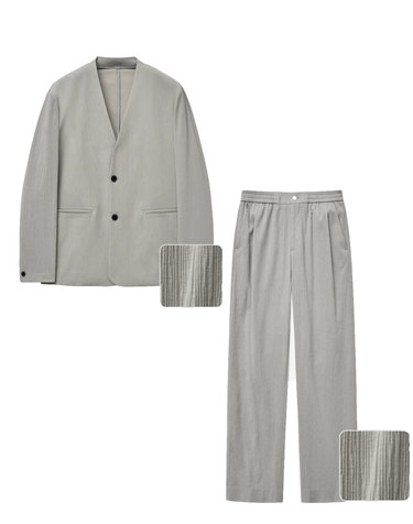 Seersucker Collarless Wide Set-up (Light Beige)