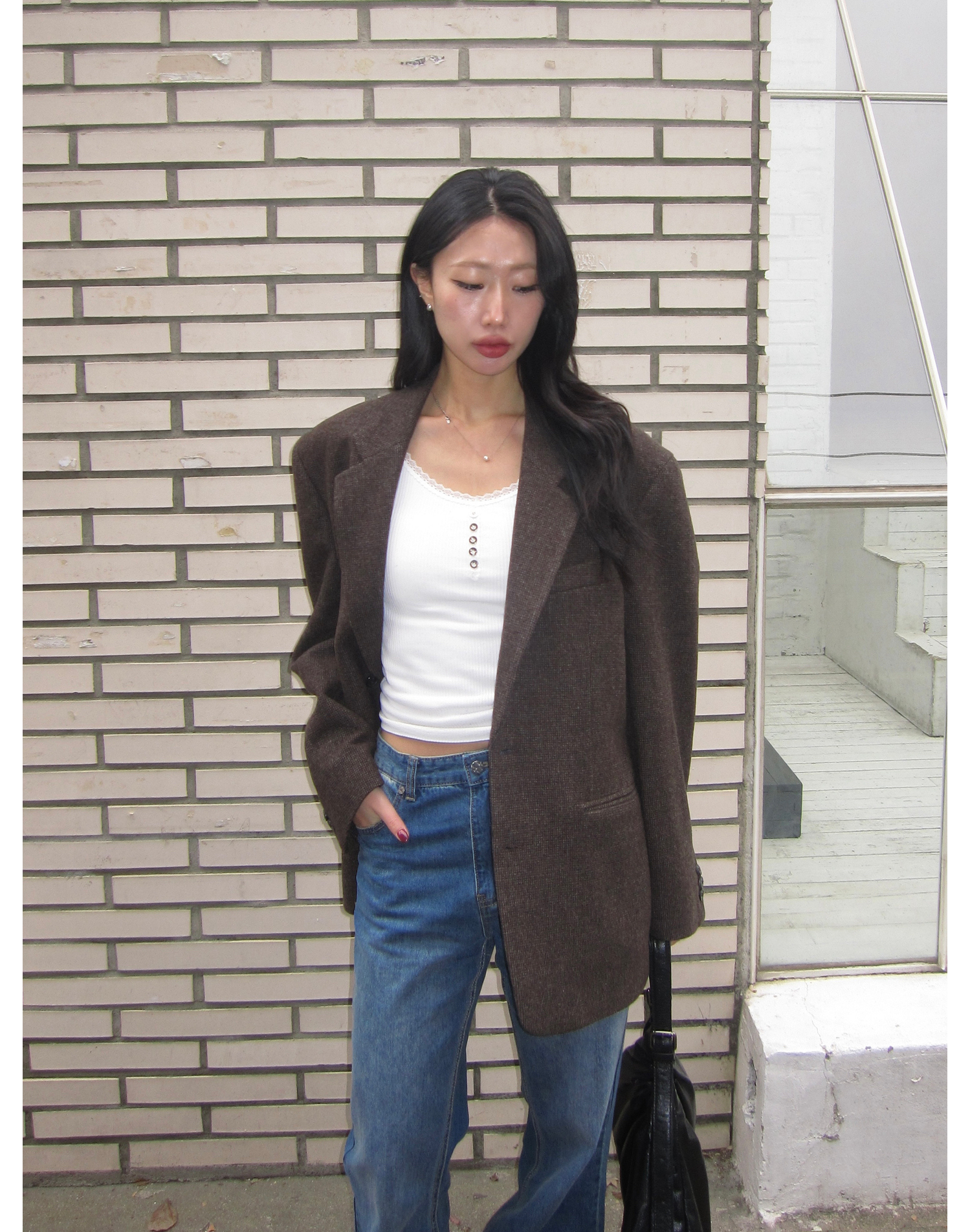 Oversized Wool Micro Check Jacket (Brown)