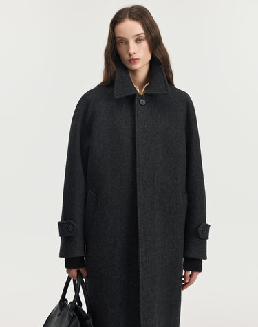 Virgin Wool Herringbone Balmacaan Coat (Dark Grey)