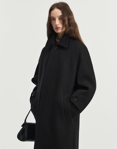 Virgin Wool Herringbone Balmacaan Coat (Dark Brown)