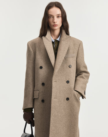 Herringbone Tailored Double-Breasted Coat (Greyish Beige)