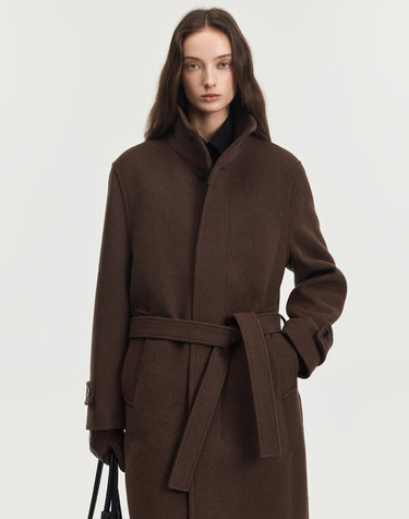 Belted High-Neck Coat (Melange Brown)