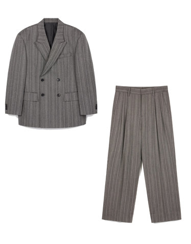 Herringbone Double Breasted Jacket & Semi-Wide Pants (Grey)