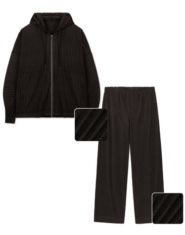 Yoyogi Pleats Hooded Zip & Wide Pants Set-Up (Brown)
