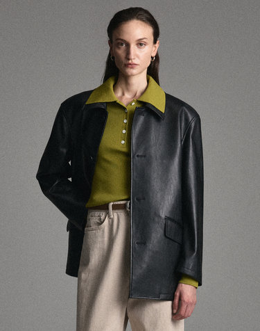 Oversized Faux Leather Car Coat (Black)
