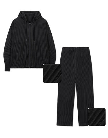 Yoyogi Pleats Hooded Zip-Up & Tapered Pants (Black)