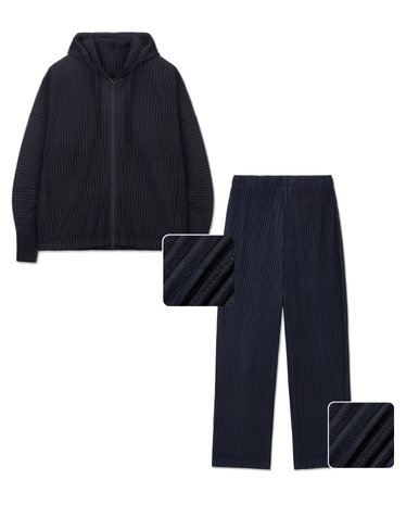 Yoyogi Pleats Hooded Zip-Up & Tapered Pants (Navy)