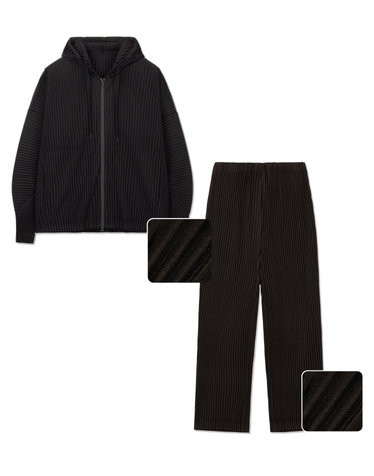 Yoyogi Pleats Hooded Zip-Up & Tapered Pants (Brown)