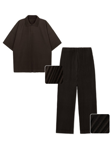 Yoyogi Pleats Polo & Pleats Tapered Pants (Brown) Set-up