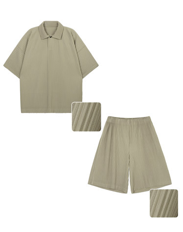 Yoyogi Pleats Polo & Shorts (Beige)