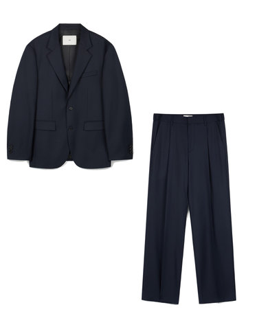 Wool Blend Comfort Jacket & Semi-Wide Pants (Dark Navy)
