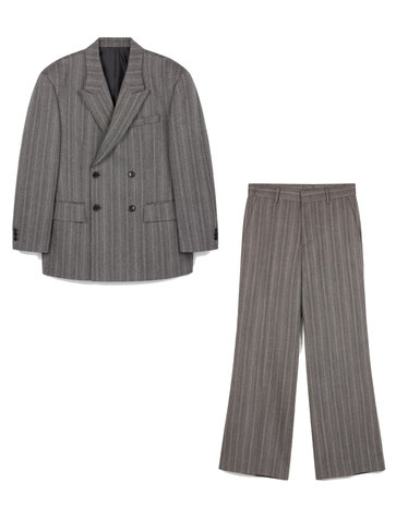 Herringbone Wool Double Breasted Jacket & Flared Pants (Grey