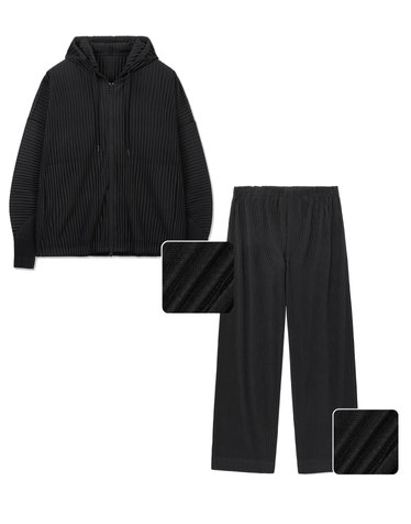 Yoyogi Pleats Hooded Zip-Up & Wide Leg Pants (Black)