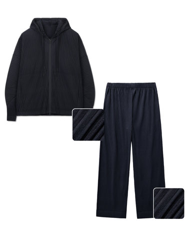 Yoyogi Pleats Hooded Zip-Up & Wide Leg Pants (Navy)