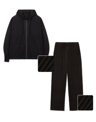Yoyogi Pleats Hooded Zip-Up & Wide Leg Pants (Brown)