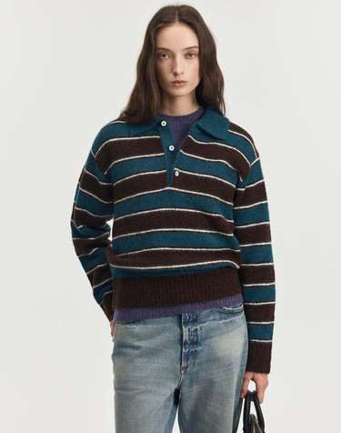 Mohair Multi-Stripe Polo Knit (Blue)