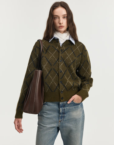 Boucle Argyle Cardigan (Olive Brown)