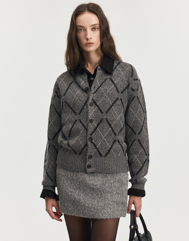 Boucle Argyle Cardigan (Grey)