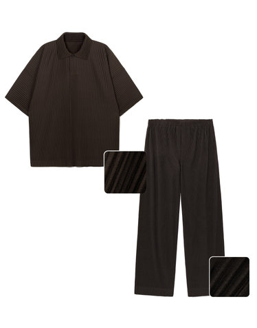 Yoyogi Pleats Polo & Wide Pants (Brown)