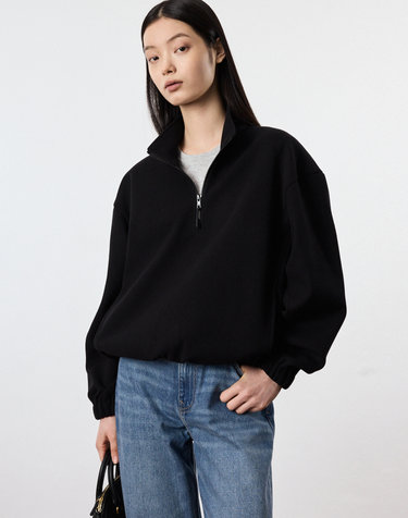Oversized Fleece Quarter Zip-up Sweatshirt (Black)
