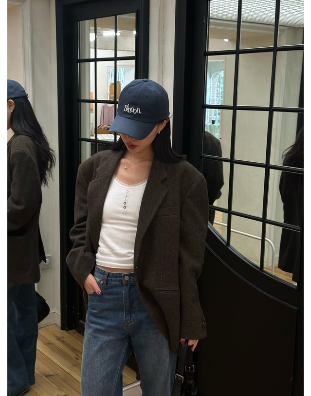 티엔지티 세트 Oversized Wool Micro Check Jacket (Brown) 브라운 착용컷