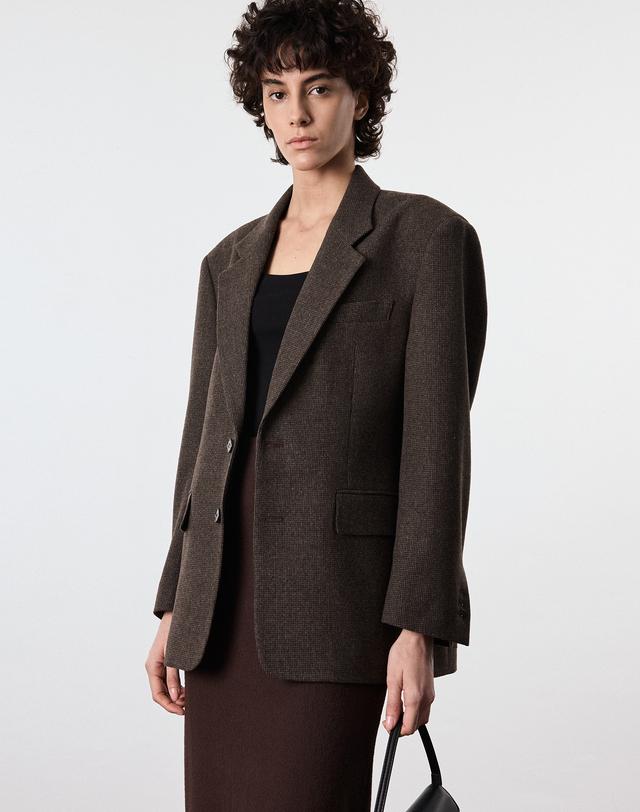 티엔지티 세트 Oversized Wool Micro Check Jacket (Brown) 브라운 착용컷