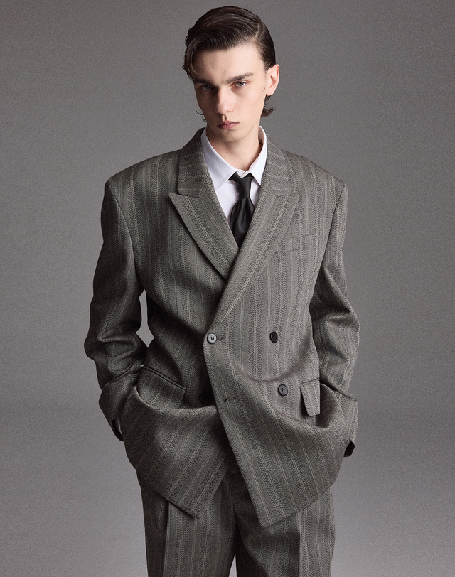 티엔지티 세트 Herringbone Wool Double Breasted Jacket & Flared Pants (Grey 그레이 착용컷