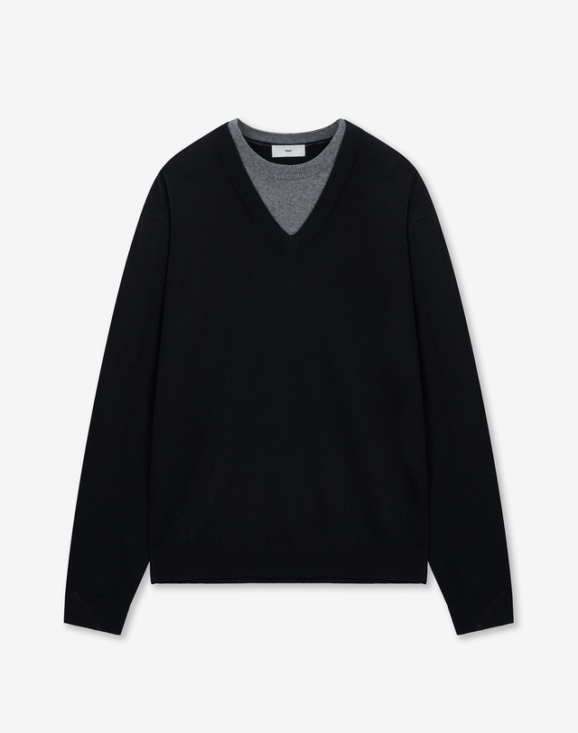 티엔지티 세트 Layered V-Neck Knit Top (Black) 블랙 착용컷