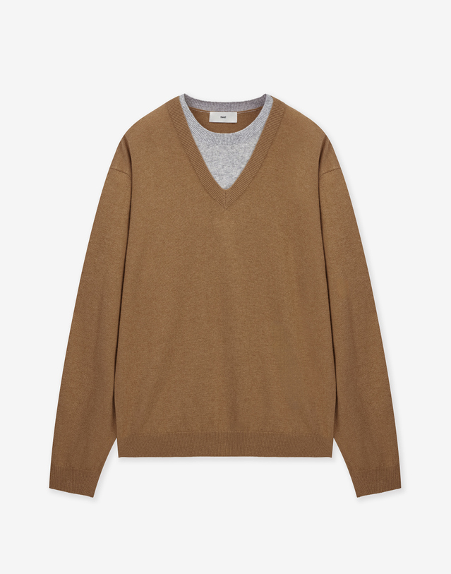 티엔지티 세트 Layered V-Neck Knit Top (Pumpkin Beige) 베이지 착용컷