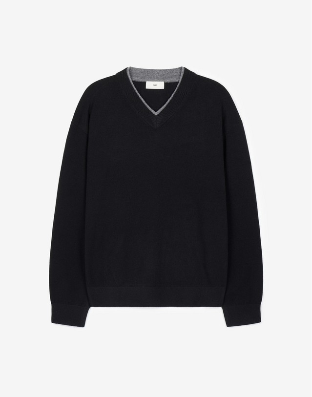 티엔지티 세트 Layered V-Neck Knit (Black) 블랙 착용컷