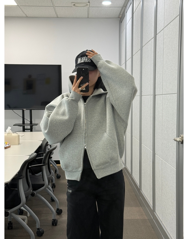 티엔지티 세트 Sculpted Oversize Hoodie Zip-Up (Melange Grey) 그레이 착용컷