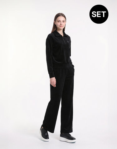 [ONLINE EXCLUSIVE] 블랙 여성 쿼터 집업 코듀로이 티셔츠+와이드 밴딩 팬츠