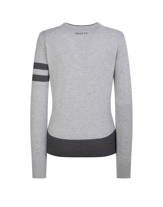 헤지스 골프 세트 [ONLINE EXCLUSIVE] 그레이 여성 다이아라인 포인트 스웨터+블랙 포켓 포인트 와이드 밴딩팬츠 밝은 그레이 착용컷