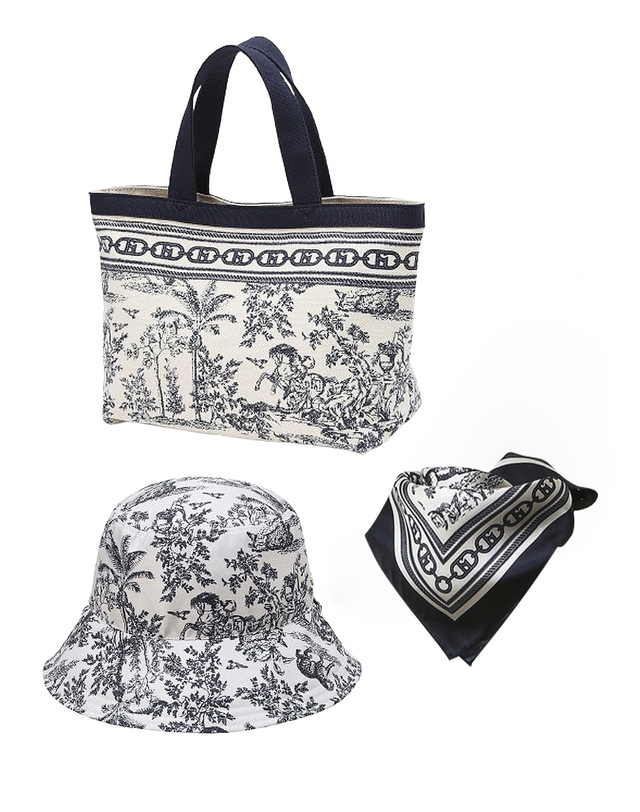 헤지스 액세서리 [메가히트][BEST패턴][뜨왈드주이] Toile de Jouy 미니토트백+버킷햇+사각스카프 set 네이비 착용컷
