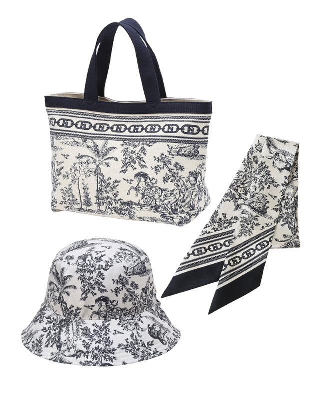 헤지스 액세서리 [메가히트][BEST패턴][뜨왈드주이] Toile de Jouy 미니토트백+버킷햇+쁘띠스카프 set 네이비 착용컷