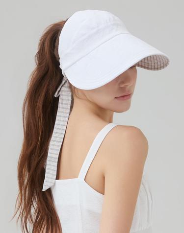 체크 탈부착 리본 와이드챙 썬캡 로스던 (4 colors)