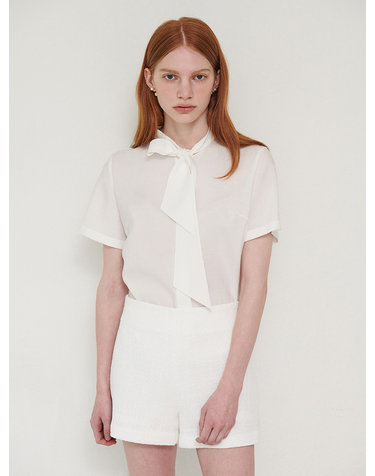 [EJnolee White Flame_주문제작] Short-Sleeved Ribbon Tie Blouse 화이트 리본 타이 반팔 블라우스