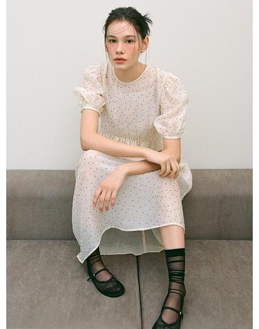 폴카 도트 버터크림 반팔 드레스
