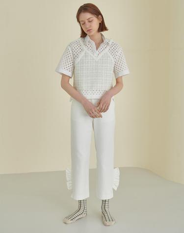 Twill White Pants with Shirring Details