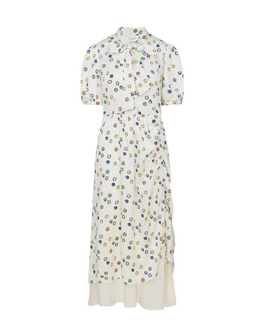 Color Dotted Pattern Long Dress with Shirring Detail