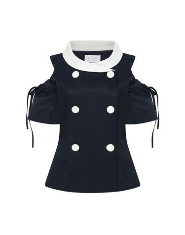 Navy Shirring Off-Shoulder Blouse