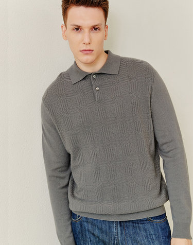 [퓨어캐시미어] 100%캐시미어 바두판 텍스처 셔츠 풀오버 니트Texture Shirt Pullover(Ash Grey)