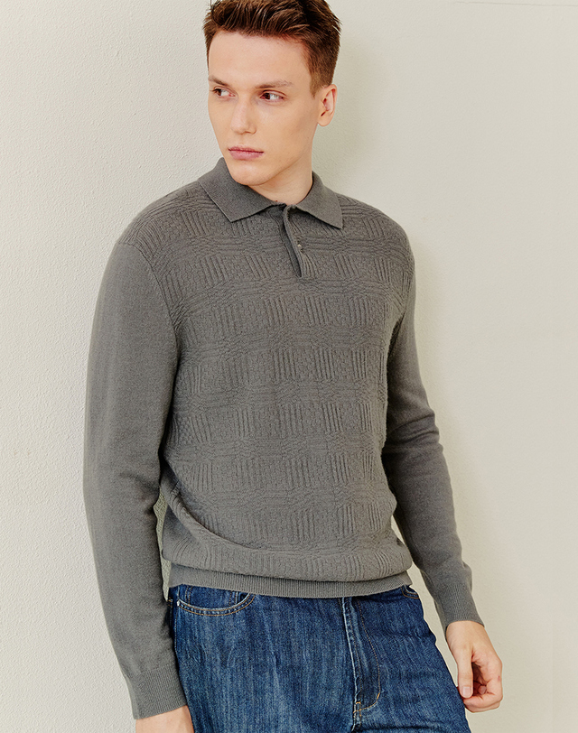 캐시미어하우스 [퓨어캐시미어] 100%캐시미어 바두판 텍스처 셔츠 풀오버 니트Texture Shirt Pullover(Ash Grey) 착용컷