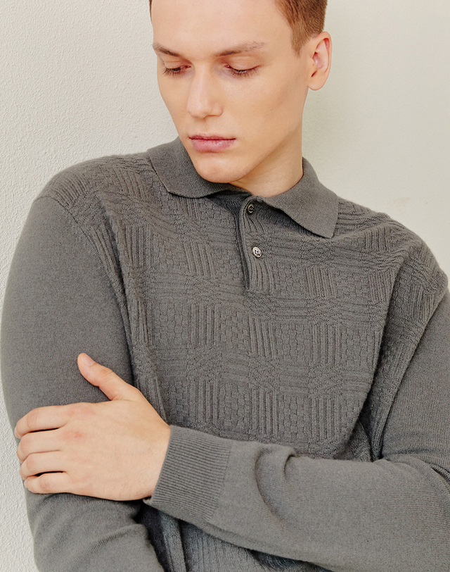 캐시미어하우스 [퓨어캐시미어] 100%캐시미어 바두판 텍스처 셔츠 풀오버 니트Texture Shirt Pullover(Ash Grey) 착용컷