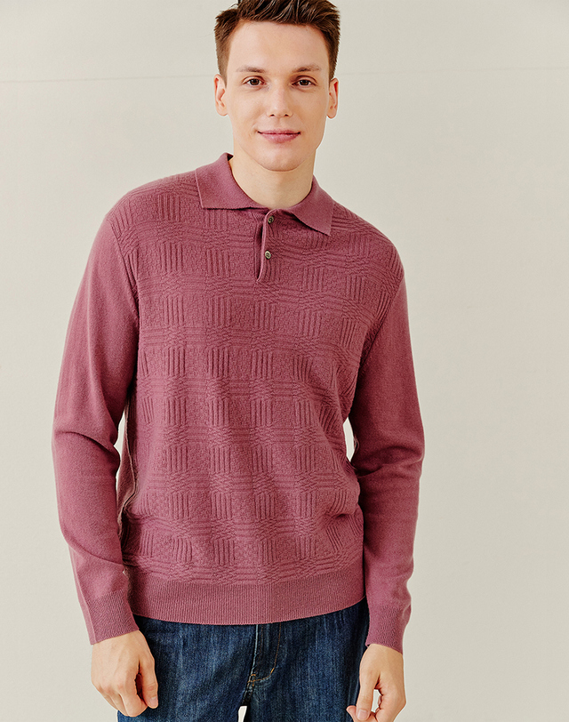 캐시미어하우스 [퓨어캐시미어] 100%캐시미어 바두판 텍스처 셔츠 풀오버 니트Texture Shirt Pullover(Berry) 착용컷