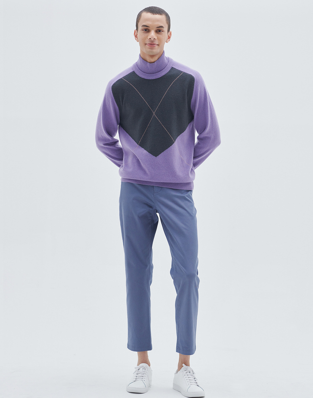 캐시미어하우스 [Murray Allan] 100%캐시미어 컬러블록풀오버 Color block pullover_Violet(VI) 착용컷