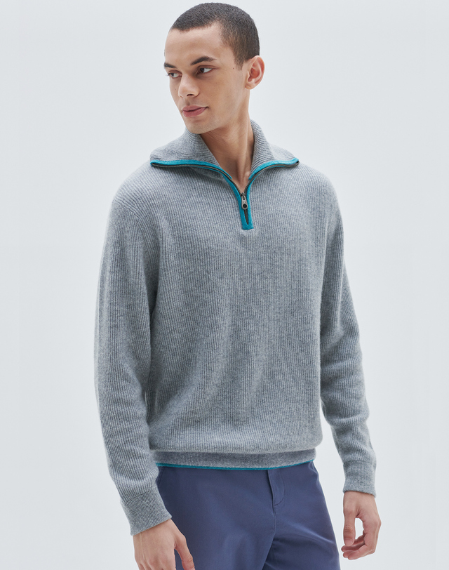 캐시미어하우스 [Murray Allan] 100%캐시미어 오픈집업카라풀오버 Zip up open pullover_Melange grey(MG) 착용컷