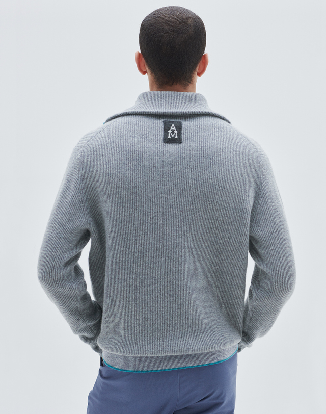 캐시미어하우스 [Murray Allan] 100%캐시미어 오픈집업카라풀오버 Zip up open pullover_Melange grey(MG) 착용컷
