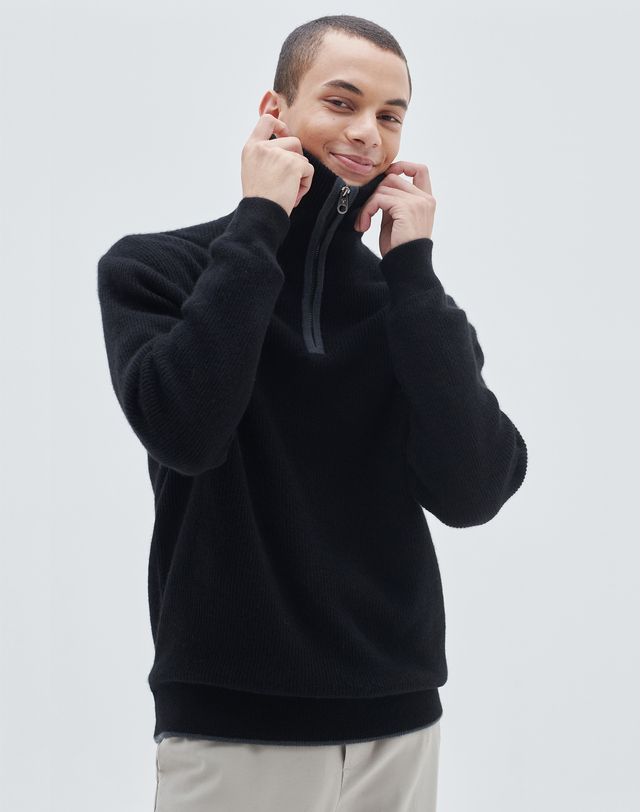 캐시미어하우스 [Murray Allan] 100%캐시미어 오픈집업카라풀오버 Zip up open pullover_Black(BK) 착용컷