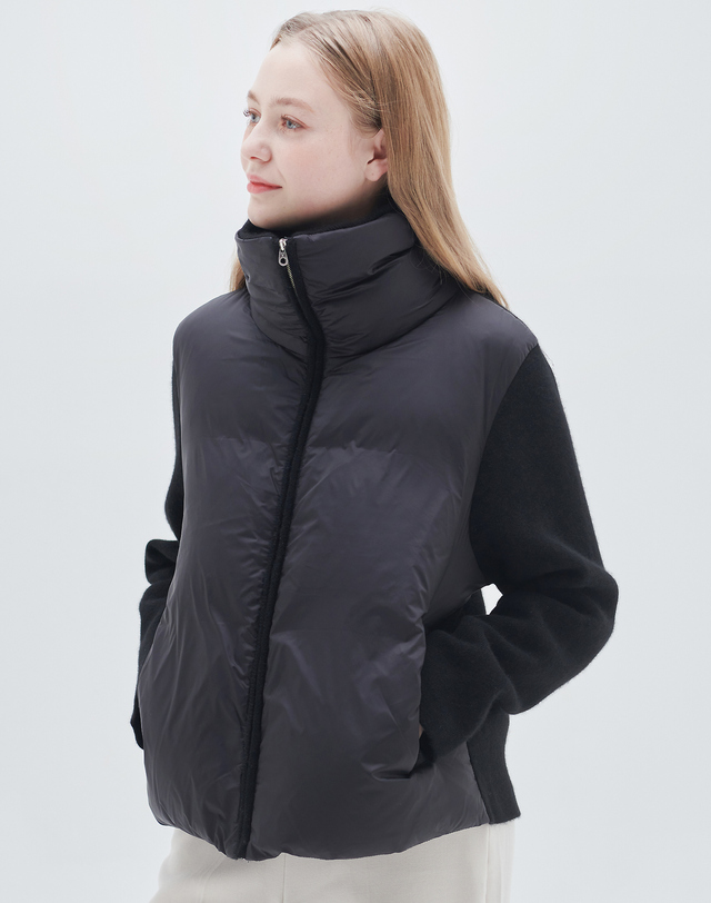 캐시미어하우스 [Murray Allan]100% 캐시미어 와이드넥 구스 믹스 자켓 Wide neck goose mix jacket(Black) 착용컷